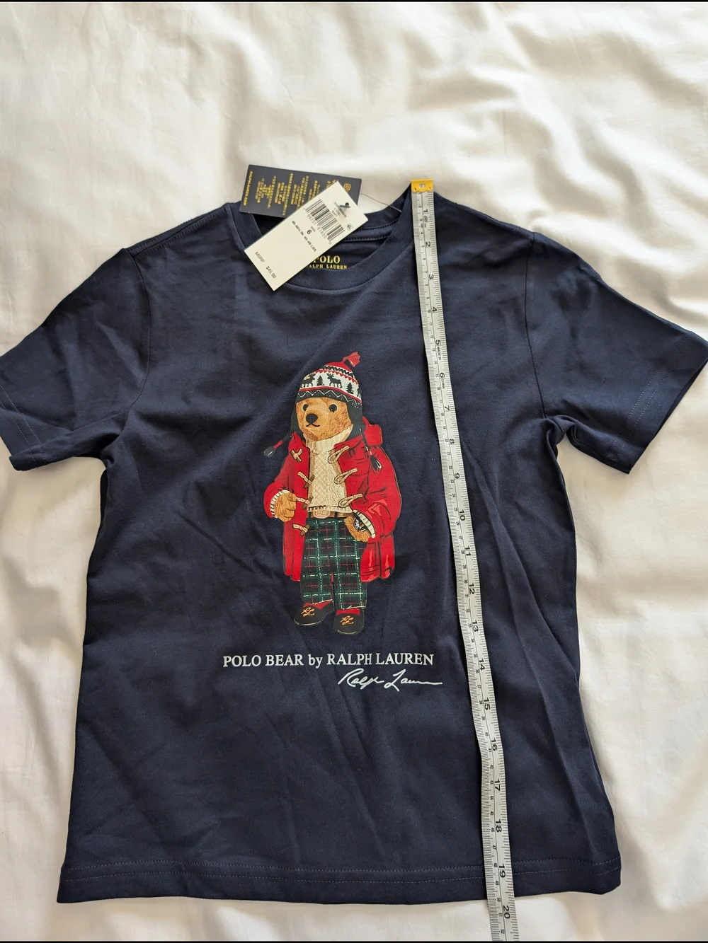 Ralph Lauren Navy Bear Graphic Tee with Red & Green Details